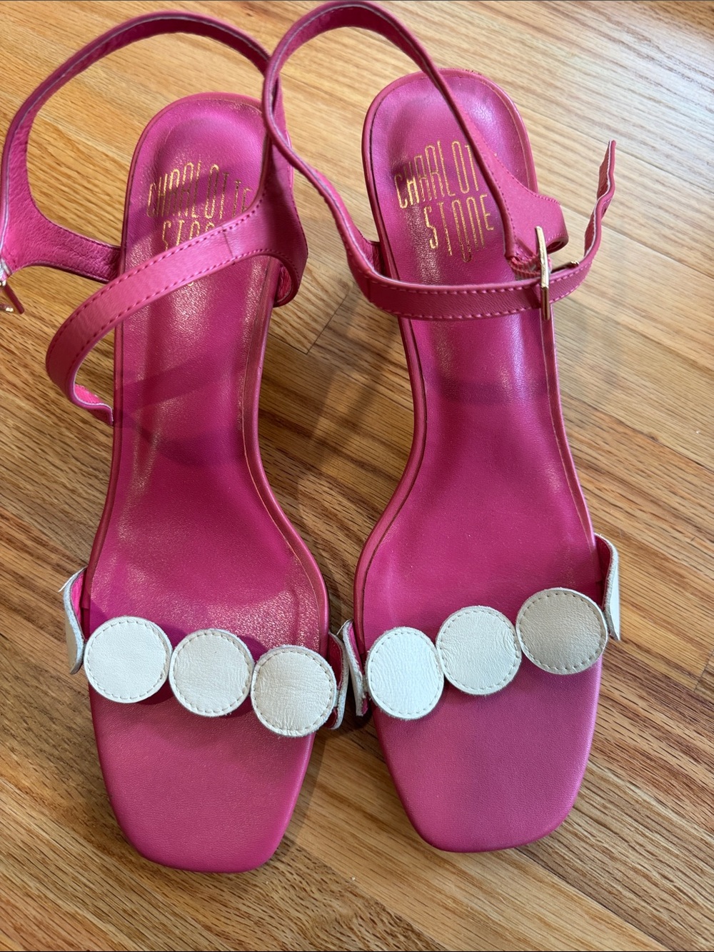 Charlotte Stone Hot Pink Slingback Heels with White Circle Accent - Picture 2 of 5